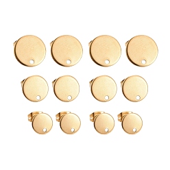 Golden 24Pcs 3 Size PVD Vacuum Plating 304 Stainless Steel Stud Earring Findings, with Loop and Flat Plate, Ear Nuts/Earring Backs, Flat Round, Golden, 8~12x1mm, Hole: 1.5~1.8mm, Pin: 0.8mm, 24pcs/box