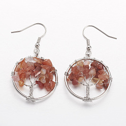 Красный Агат Болтаются серьги, с натуральными сердоликами и латунными крючками, Кольцо с деревом жизни, 50 мм , штифт: 0.6 мм