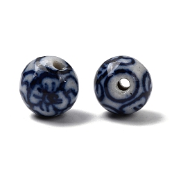 Полуночно-синий Фарфоровые бусины ручной работы, круглые с цветочным узором, синий и белый фарфоровый узор, темно-синий, 10~11 мм, отверстие : 1.5 мм