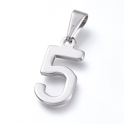 Number Pendentifs en acier inoxydable anti-ternissement, nombre, couleur inox, num. 304, 5mm, Trou: 20.5x10x1.5mm