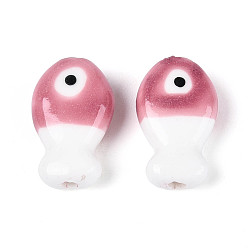 Серо-розавый Ручной фарфоровые керамические шарики, рыба, Famille выросли стиле, увядшая роза, 19x11.5x6.5 мм, отверстие : 2 мм