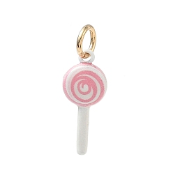 Pink Spray Painted Brass Pendants, Lollipop Charms, Golden, Pink, 19x8x3.5mm, Hole: 3.8mm