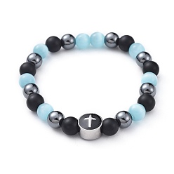 Sky Blue Women Stretch Bracelets, with Cat Eye, Natural Agate, Non-Magnetic Synthetic Hematite and 304 Stainless Steel Enamel Beads, with Burlap Bags, Sky Blue, 2-1/8 inch(5.5cm)