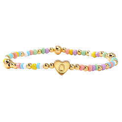 Letter O Summer Stainless Steel Heart Alphabet Colorful Glass Seed Beaded Stretch Bracelets for Women, Golden, Letter O, 6.89 inch(17.5cm)