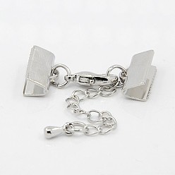 Platinum Brass Ribbon Ends with Lobster Claw Clasps and Chains, Platinum, 27mm, Ribbon end: 7x13mm.