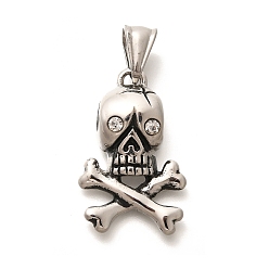 Античное Серебро 304 подвески из нержавеющей стали, с кристально горный хрусталь, очарование черепа, античное серебро, 30x19x7.5 мм, отверстие : 8.5x5.5 мм