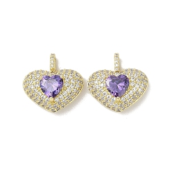 Purple Rack Plating Brass Pendants, With Clear Cubic Zirconia, Long-Lasting Plated, Lead Free & Cadmium Free, Golden, Heart, Purple, 20.5x20.5x10.5mm, Hole: 4mm