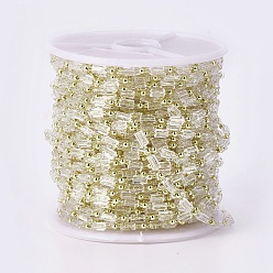 Прозрачный Ручной цепи стекло бисером, пайки, с латунной фурнитурой , с катушкой, долговечный, реальный 18 k позолоченный, кубоид, прозрачные, 4.5x2.5~3x2.5~3 мм, 2 мм, около 32.8 футов (10 м) / рулон