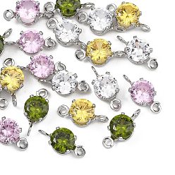 Mixed Color SHEGRACE Brass Pave Cubic Zirconia Flat Round Connector Charms, Cadmium Free & Nickel Free & Lead Free, Long-Lasting Plated, Real Platinum Plated, Mixed Color, 11x5x4mm, Hole: 1mm and 1.2mm