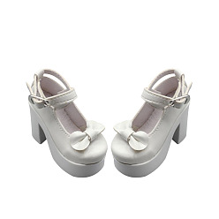 White Bowknot PU Leather High Heels Doll Platform Shoes, Doll Making Supples, White, 75mm