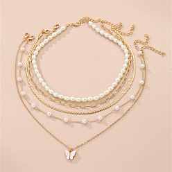 Бабочка Многослойные ожерелья из сплава, пластика, жемчуга и акрила, золотые, белые, бабочка, 14.57~15.35 дюйм (37~39 см), 5 шт / комплект
