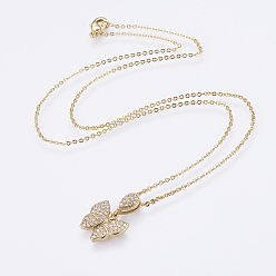 Real 18K Gold Plated Brass Micro Pave Cubic Zirconia Pendant Necklaces, with Brass Cable Chains, Real 18K Gold Plated, Butterfly, 17.7 inch(45cm)