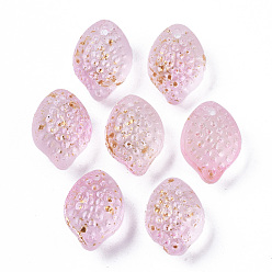 Pearl Pink Transparent Spray Painted Glass Charms, with Golden Foil, Textured, Lemon, Pearl Pink, 14x10x9mm, Hole: 1mm