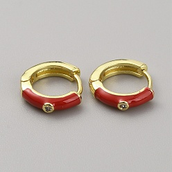 FireBrick Enamel Hoop Earrings with Clear Cubic Zirconia, Light Gold Brass Jewelry for Women, FireBrick, 12.5x13.5x3mm, Pin: 1mm