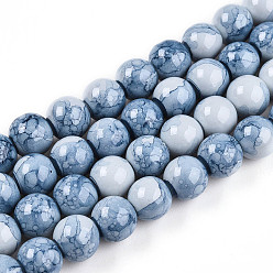 Стально-синий Выпечки нарисованных стеклянных бусин прядей, имитировать фарфоровые бусины, круглые, стальной синий, 9.5~10.5 мм, отверстие : 1.4 мм, около 82~84 шт / нитка, 29.92~30.71 дюйм (76~78 см)