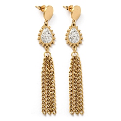 Golden Ion Plating(IP) Rhinestone Teardrop Dangle Stud Earrings, 304 Stainless Steel Chains Tassel Earrings, Golden, 76x12mm