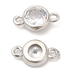 Platinum Eco-Friendly Rack Plating Brass Pave Clear Cubic Zirconia Connector Charms, Long-Lasting Plated, Lead Free & Cadmium Free, Flat Round, Platinum, 6x10.5~11x3mm, Hole: 1.2mm