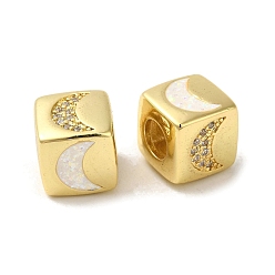Луна Стойки обшивки латунь микро проложить кубического циркония бусы, с синтетическим опалом, без кадмия и без свинца, долговечный, реальный 18 k позолоченный, квадратный, бусины с большим отверстием, Европейская, луна, 10x9.5x10 мм, отверстие : 5 мм