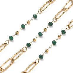 Зеленый 304 цепи из нержавеющей стали, ионное покрытие (ip), с бусинами из натурального окрашенного белого нефрита, реальный 18 k позолоченный, пайки, с катушкой, зелёные, 12x4x1 мм, около 32.81 футов (10 м) / рулон