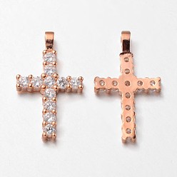 Розовое Золото Латинский крест из латуни микро проложить Цирконом подвески, без свинца и без никеля , розовое золото , 23.5x14x2 мм, отверстие : 3x2 мм