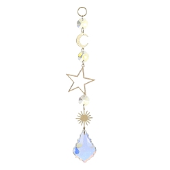 Clair AB Décorations de pendentif en forme de larme de verre, attrape-soleil suspendus, avec lien lune, soleil et étoile en laiton, pour la décoration intérieure, clair ab, 205x38x1~11mm