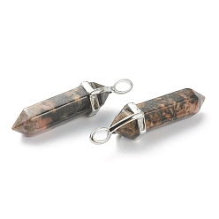 Rhodonite Natural Rhodonite Pendants, with Platinum Tone Brass Findings, Bullet, 39.5x12x11.5mm, Hole: 4.5x2.8mm