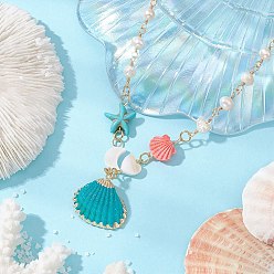 чирок Летние подвески из ракушек с распылителем и гальваническим покрытием, Ожерелья из бисера ручной работы из латуни и натурального пресноводного жемчуга для женщин, золотые, зелено-синие, 15.98 дюйм (40.6 см)