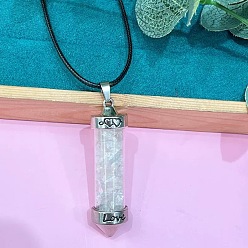 Хрусталь Кулон из цинкового сплава в виде шестиугольной стеклянной бутылки с внутренними кристаллами натурального кварца, ожерелье из черной искусственной кожи., платина, 19.69 дюйм (50 см)