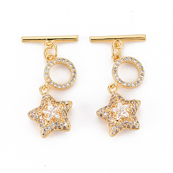 Clear Brass Micro Pave Cubic Zirconia Toggle Clasps, Nickel Free, Star & Bar, Real 18K Gold Plated, Clear, Ring: 10x9x2mm, Bar: 15x4x1.5mm, Hole: 1.5mm~1.8mm