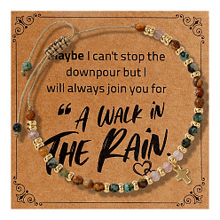 Смешанные камни Браслеты с подвесками в виде креста из латуни, Регулируемые браслеты из натуральных круглых бусин с драгоценными камнями для мужчин, золотые, с открытки, 11.02 дюйм (28 см)