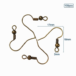Antique Bronze Brass Earring Hooks, Ear Wire, with Horizontal Loop, Antique Bronze, 18x17x0.8mm, Hole: 2mm, 100pcs/set