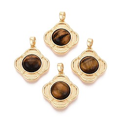 Настоящее золото 18K Природных тигровый глаз подвески, Подвески в форме ромба с латунными оправами, реальный 18 k позолоченный, 21.5x19.5x5~6 мм, отверстие : 4.5x2.5 мм