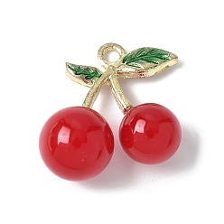 (123L) Белый крем непрозрачный блеск Вишневая непрозрачная смола 3d фруктовые подвески, с листьями из сплава зеленой эмали, золотые, огнеупорный кирпич, 23.5x24.5x11.5 мм, отверстие : 2.3 мм
