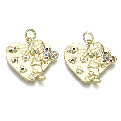 Golden Brass Micro Pave Cubic Zirconia Pendants, Nickel Free, with Jump Rings, for Mother's Day, Heart with Boy, Colorful, Golden, 19.5x20.5x3mm, Jump Ring: 5x0.6mm, inner diameter: 3mm