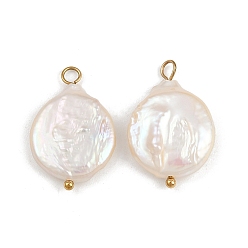 Настоящее золото 18K Подвески из натурального пресноводного жемчуга Кеши, плоские круглые прелести, с 304 петлями из нержавеющей стали, белые, ионное покрытие (ip), реальный 18 k позолоченный, 22~28x15.5~17x3.5~8 мм, отверстие : 1.6~3.5 мм