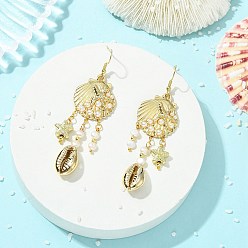 Golden 304 Stainless Steel Dangle Earring, Shell Shape with Starfish, with Alloy & Natural Keshi Pearl Pendants, Golden, 82.5x24mm