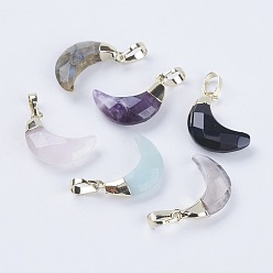 Mixed Stone Faceted Natural & Synthetic Mixed Stone Pendant, with Golden Plated Brass Findings, Moon, 18~19x11~12x4.5~5.5mm, Hole: 3.5x6mm