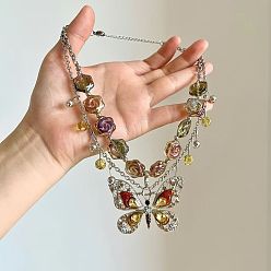 Farbig Messing-Strass-Schmetterlingsanhänger, Rosenblüte, Glasperlen, doppellagige Halskette für Damen, Platin Farbe, Farbig, 15.75 Zoll (40 cm)