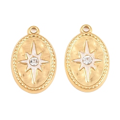 White 304 Stainless Steel Enamel & Crystal Rhinestone Pendants, Oval with Star Pattern Charms, Ion Plating(IP), Golden, White, 23.5x15x3mm, Hole: 1.6mm