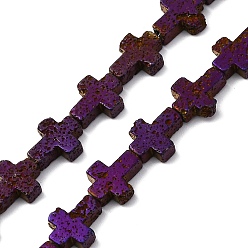 С Фиолетовым Покрытием Гальванические бусины из натуральной лавы, крестик, с фиолетовым покрытием, 10x8x4~4.5 мм, отверстие : 0.8~1 мм, около 38 шт / нитка, 31.10'' (79 см)