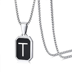 Letter T 304 Прямоугольное ожерелье из нержавеющей стали с черной эмалью и подвеской в виде коробки с инициалом., цвет нержавеющей стали, Письмо T, 23.62 дюйм (60 см)