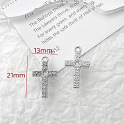 Cross Platinum Alloy Rhinestone Pendants, Cross Charms, 21x13mm