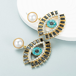 Black Evil Eye Brass Pave Cubic Zirconia Dangle Earrings, Plastic Pearl Stud Earrings for Women, Black, 50x44mm