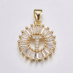 Letter T Долговечные покрытые и стойки латунные микропроволочные кубические буквы из циркония, плоско-круглые, реальный 18 k позолоченный, letter.t, 19x15.5x2.5 мм, отверстие : 3.5x4 мм