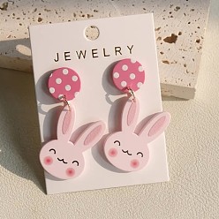 Pink Акриловые болтаться серьги стержня, плоские круглые с кроликом, розовые, 50x28 мм