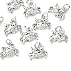 Real Platinum Plated SHEGRACE Brass Micro Pave Cubic Zirconia Pendants, Cadmium Free & Nickel Free & Lead Free, Crab Charms, Clear, Real Platinum Plated, 9.5x11x1.5mm, Hole: 2.5mm