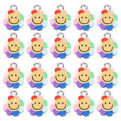 Colorful 120Pcs Handmade Polymer Clay Charms, with Platinum Tone Iron Findings, Flower with Smile, Colorful, 13~14.5x10~12x3~4mm, Hole: 1.8mm