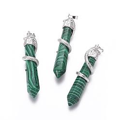 Малахит Синтетические малахита большие кулоны, с латунной фурнитурой , змея с бриллиантом, Платиновый металл, 60x12 мм, отверстие : 5x7 мм