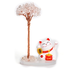 Quartz Crystal Natural Quartz Crystal Chips Tree Decorations, Plastic Lucky Cat with Copper Wire Feng Shui Energy Stone Gift for Women Men Meditation, 80mm
