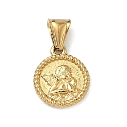 Real 20K Gold Plated 304 подвески из нержавеющей стали, Плоская круглая подвеска с медальоном в виде херувима., ионное покрытие (ip), долговечный, реальный 20 k позолоченный, 20x17x2 мм, отверстие : 4x9 мм